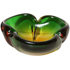 Vintage 1970s Green and Amber Murano Glass Dish