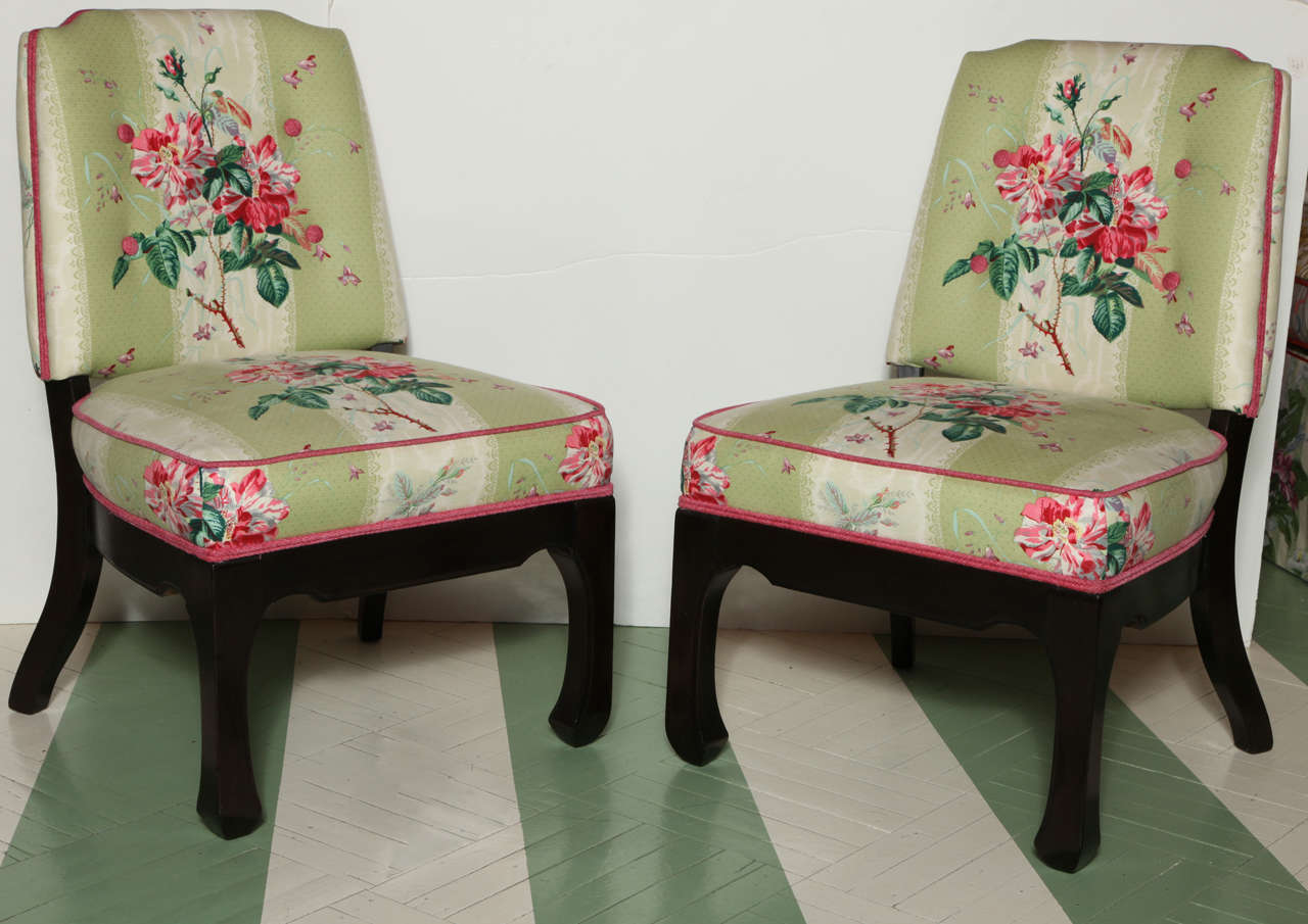 Vintage low-slung James Mont style slipper chairs with Asian inspired legs and new Cowtan & Tout upholstery. 31