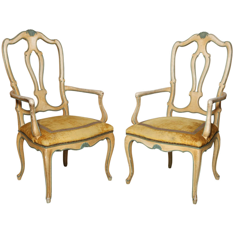 Baker Furniture Venetian Style Chairs with Velvet Seats and Shell Motif, 1960s For Sale