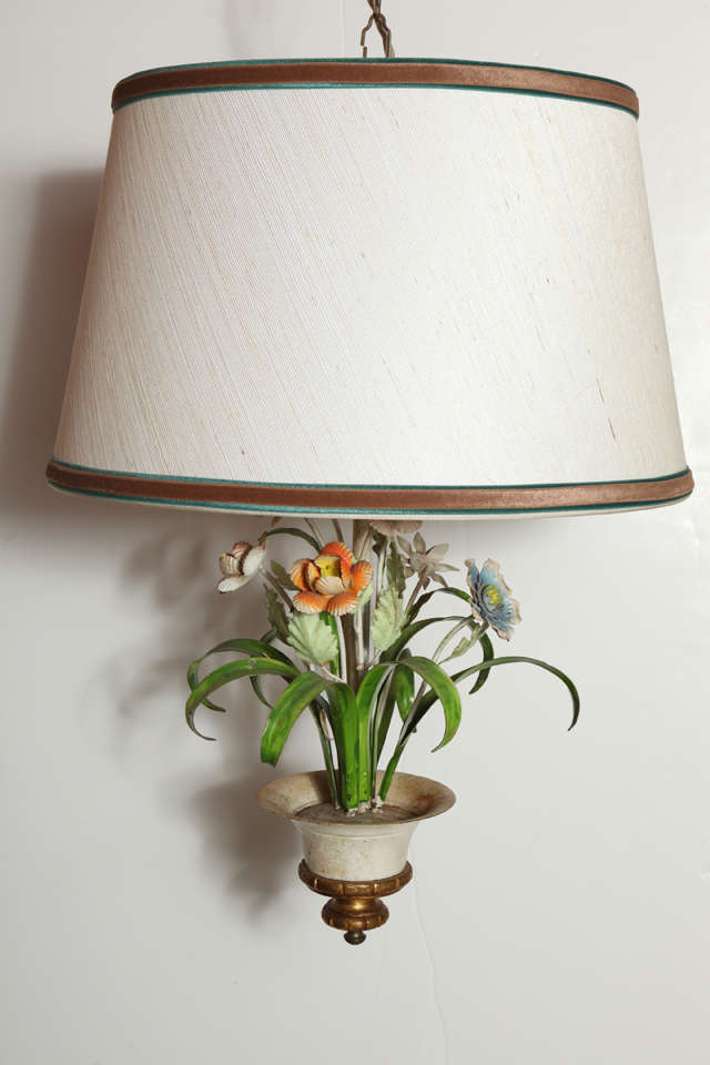 Italian Tole Chandelier with Floral Motif and Custom Shade, 1960s