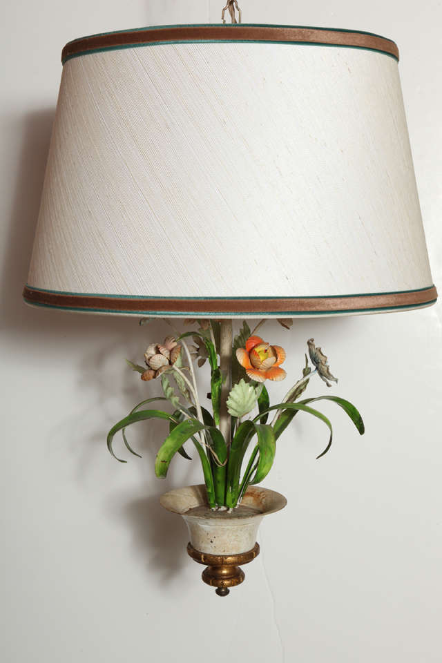 Italian Tole Chandelier with Floral Motif and Custom Shade, 1960s In Excellent Condition For Sale In High Point, NC