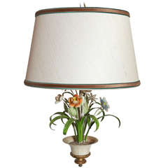 Retro Italian Tole Chandelier with Floral Motif and Custom Shade, 1960s