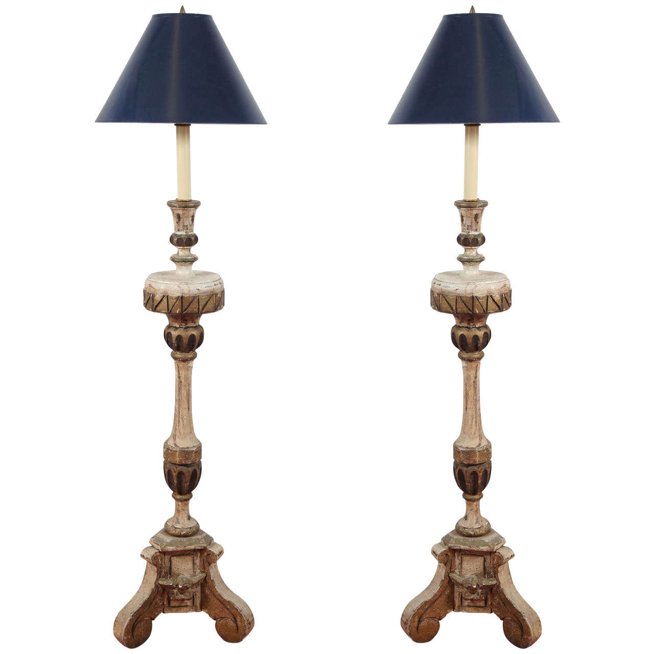 19th C. or Earlier Italian Gilt/Painted Wood Candlestick Floor Lamps/Pair