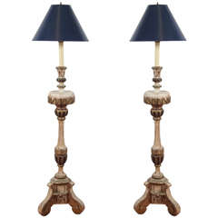 Antique 19th C. or Earlier Italian Gilt/Painted Wood Candlestick Floor Lamps/Pair