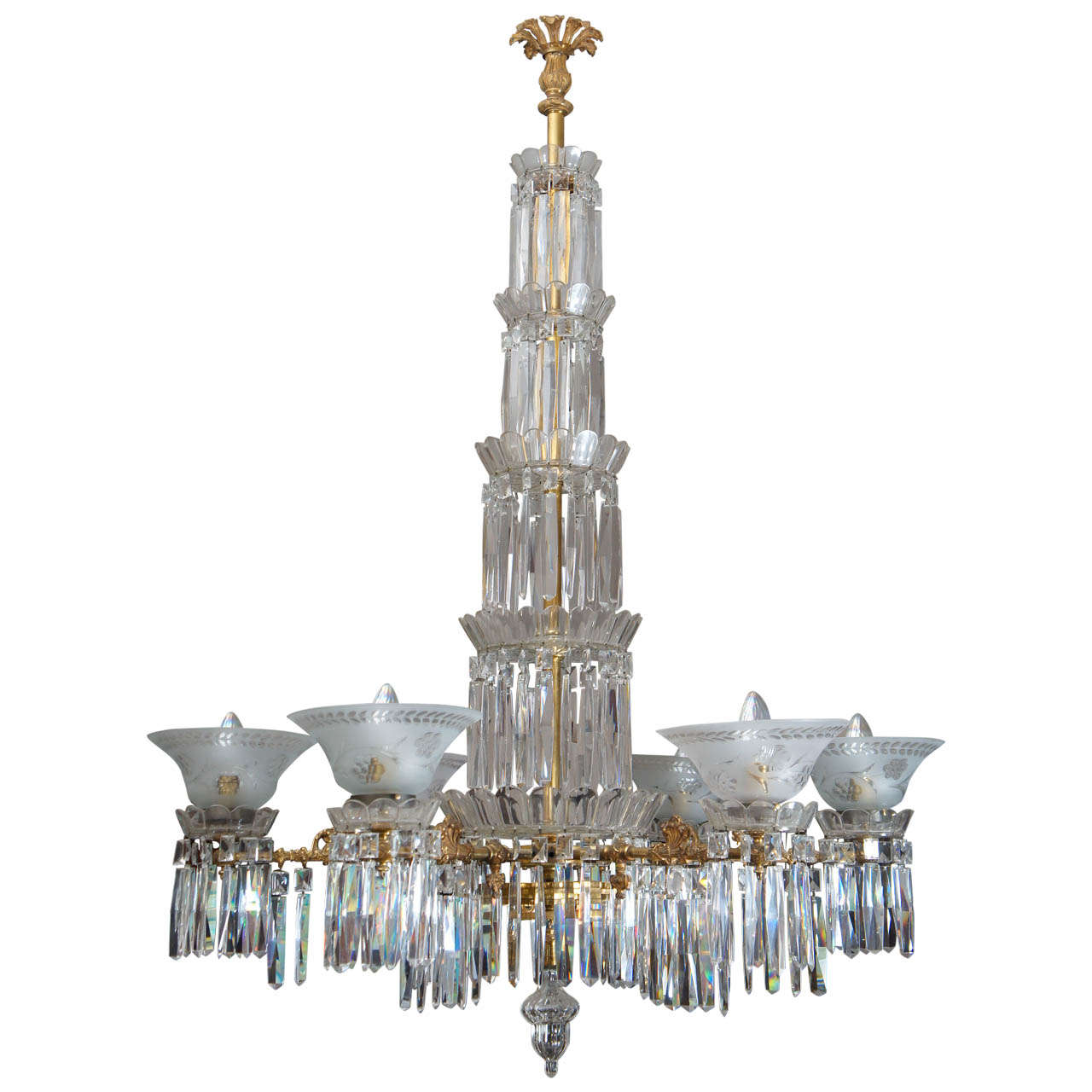 19th c. American Cut Crystal and Gilt Bronze 6 Light Gasolier/Chandelier For Sale
