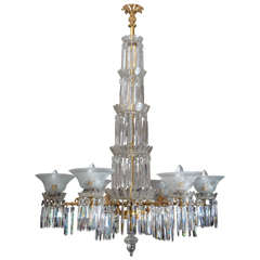 19th c. American Cut Crystal and Gilt Bronze 6 Light Gasolier/Chandelier