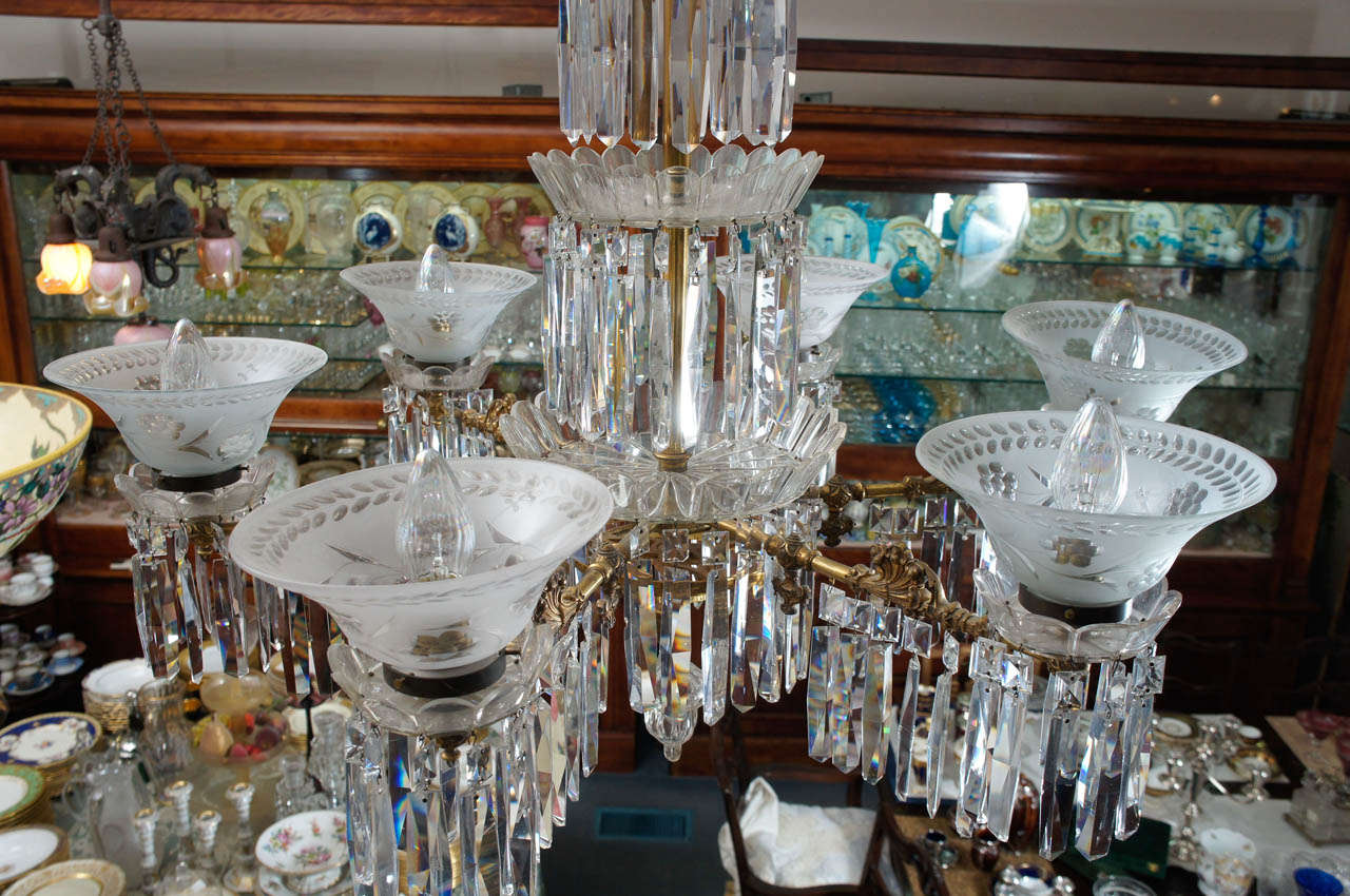 XIX sec. Gasolier/Chandelier a 6 luci in cristallo tagliato americano e bronzo dorato In condizioni ottime in vendita a Great Barrington, MA