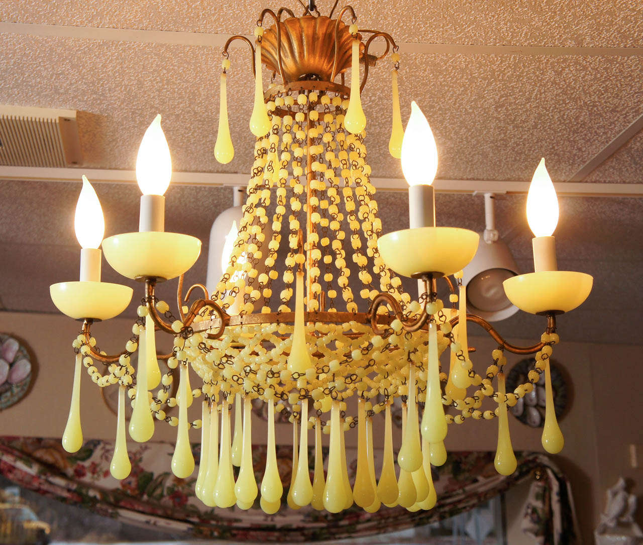 Brass French Opaline/Pate de Riz 6 Light Beaded Chandelier