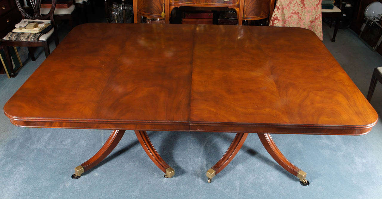 Mid-20th Century Sheraton-Style Mahogany Triple Pedestal Monumental Dining Table with Two Leaves