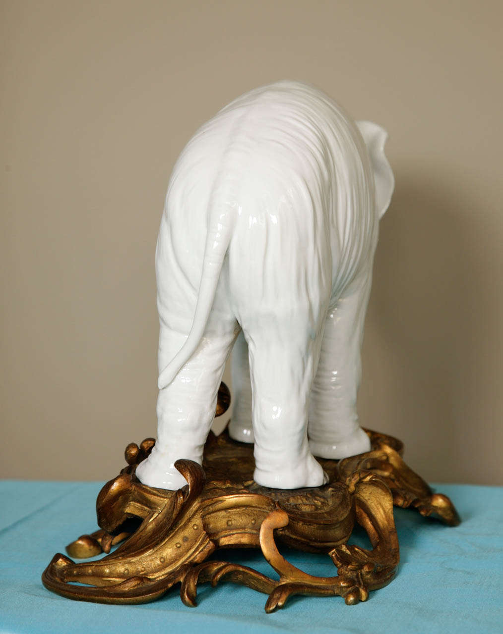 A Large Porcelain Elephant in a Gilt Rococo Ormolu Base 1
