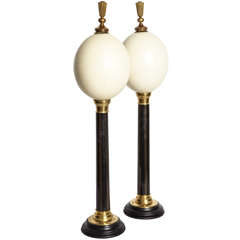Ostrich Egg Mounted on Black Lacquered and Brass Bases