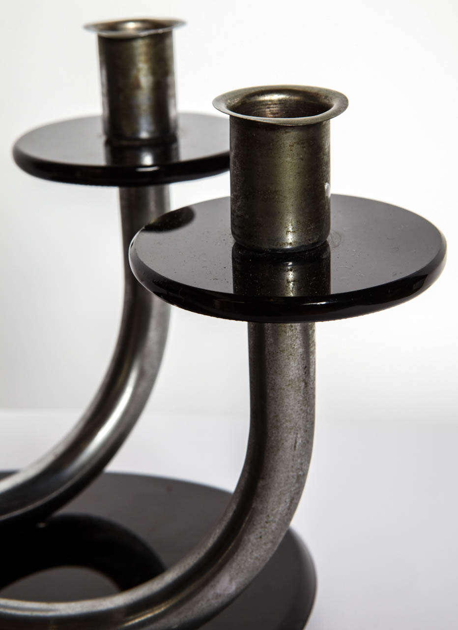 Four Arms Iron on Black Opaline Base Italian Candelabra, 1940s In Good Condition For Sale In Milan, IT
