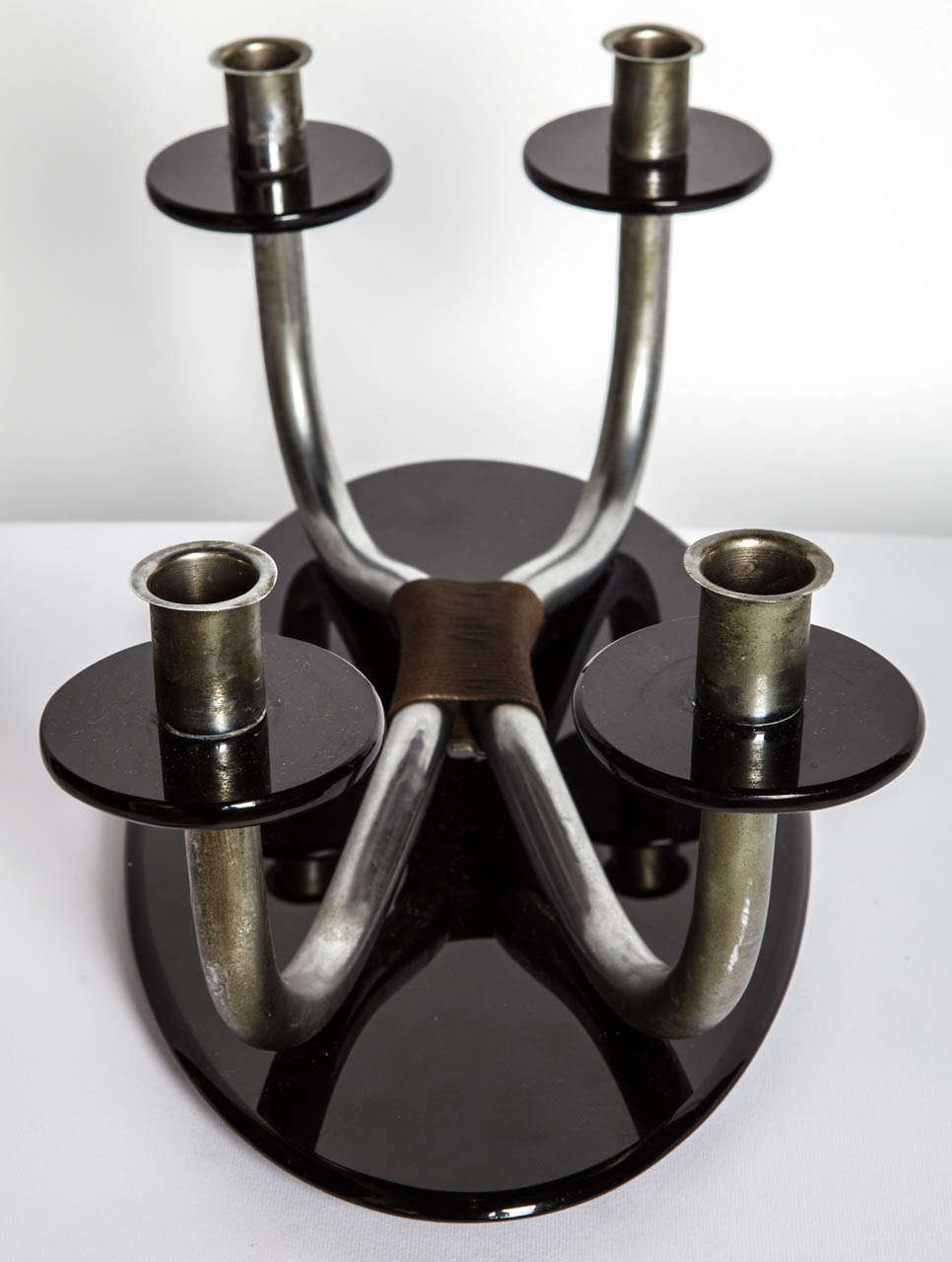 Opaline Glass Four Arms Iron on Black Opaline Base Italian Candelabra, 1940s For Sale