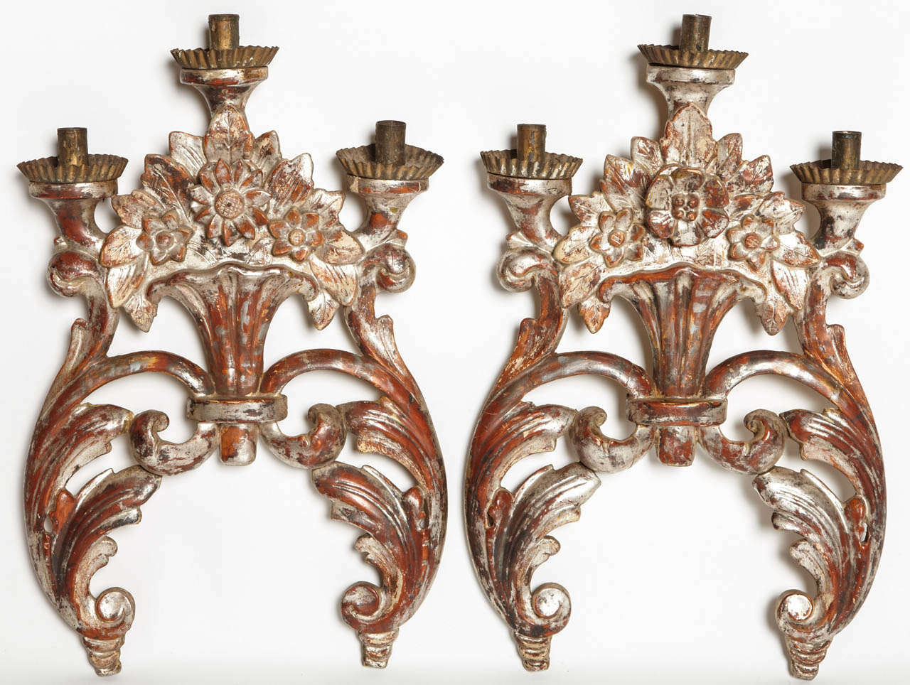18th century pair of original painted and mecca silver gilt carved sconces
(these sconces can be electrified upon request and are not available individually).