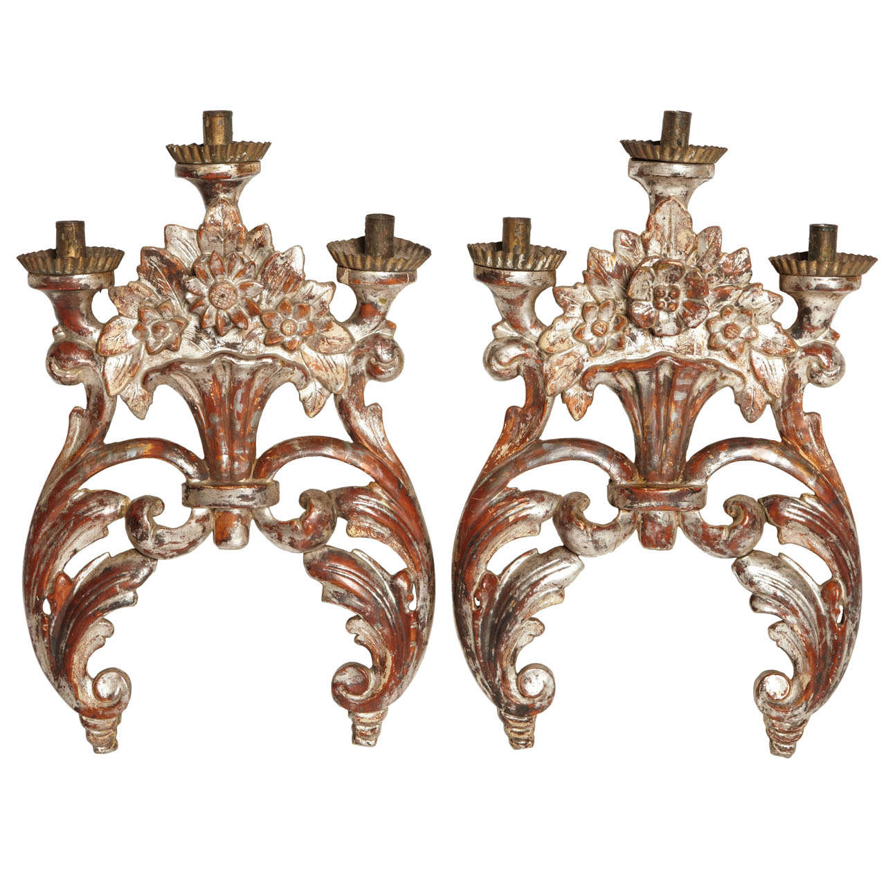 18th Century Pair of Mecca Silver Gilt and Carved Wood Italian Sconces For Sale