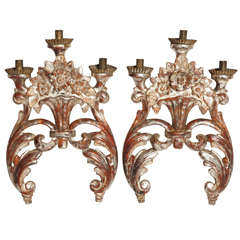 18th Century Pair of Mecca Silver Gilt and Carved Wood Italian Sconces
