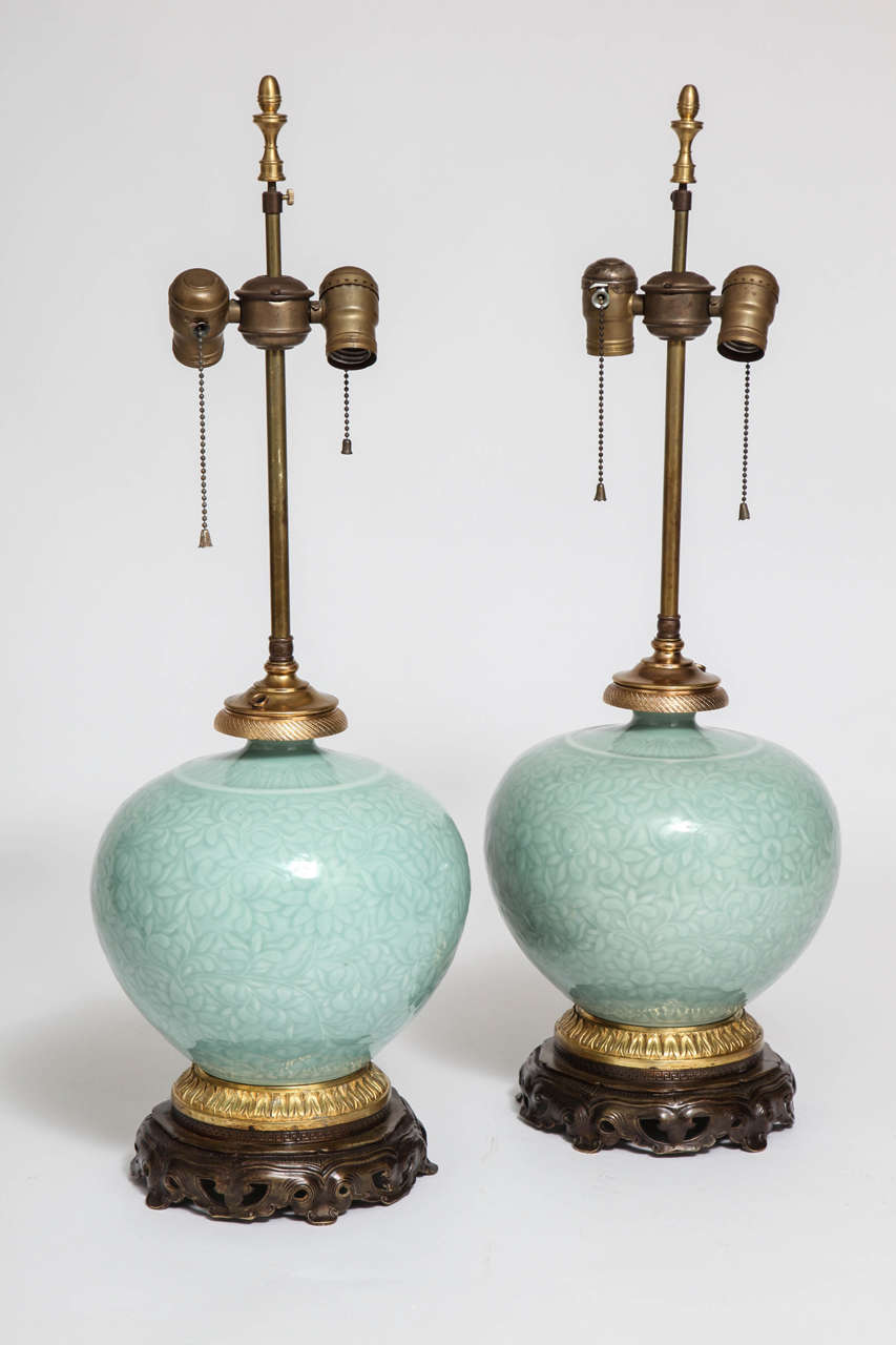 Pair of  Chinese Celadon Porcelain and Ormolu Mounted Vases as Lamps In Excellent Condition In New York, NY