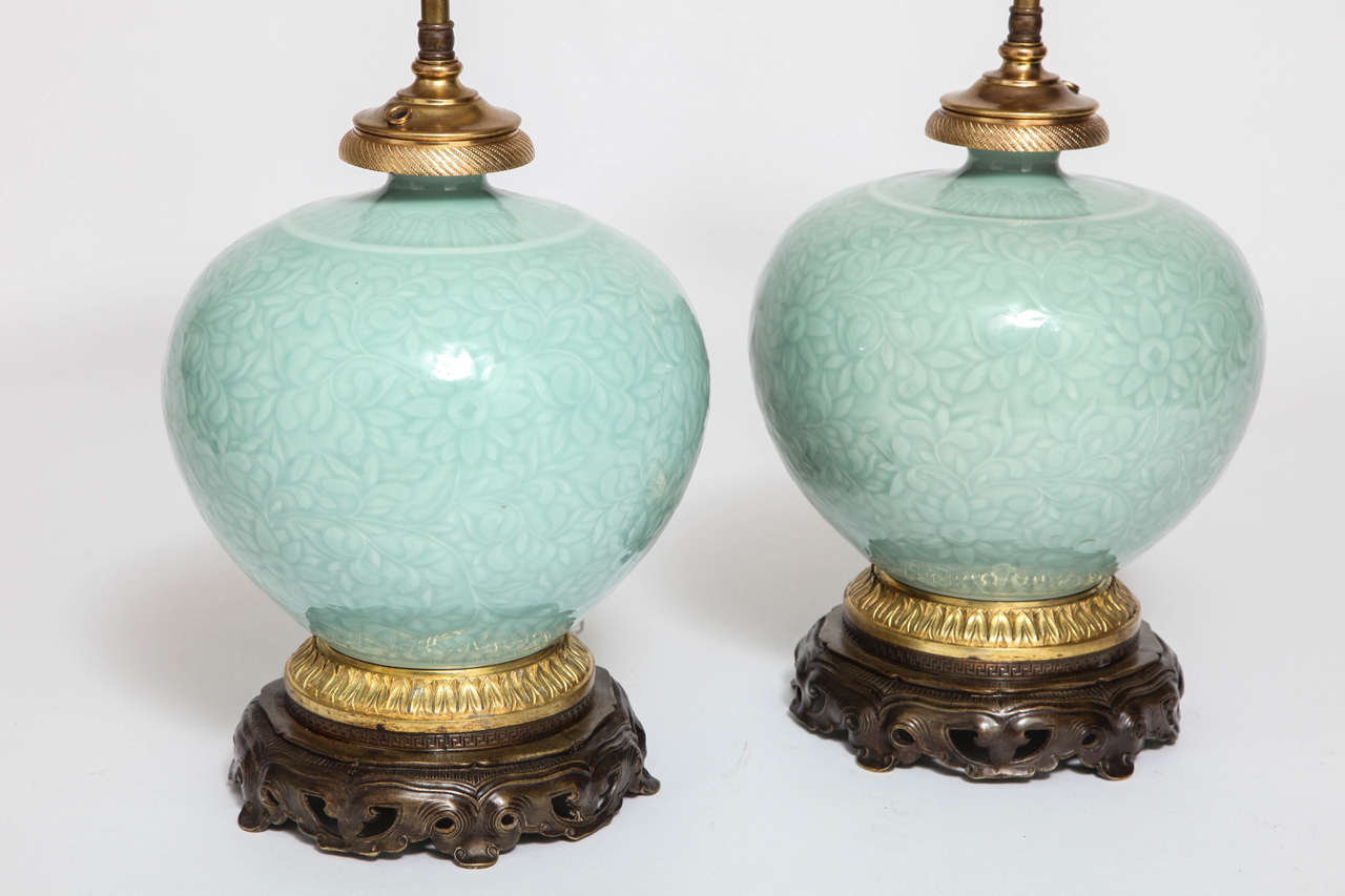 19th Century Pair of  Chinese Celadon Porcelain and Ormolu Mounted Vases as Lamps