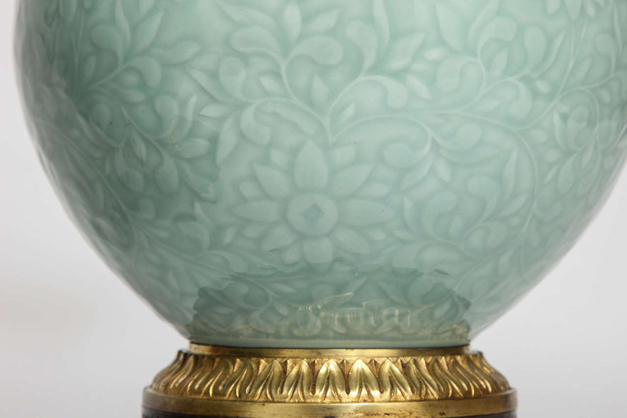 Pair of  Chinese Celadon Porcelain and Ormolu Mounted Vases as Lamps 5