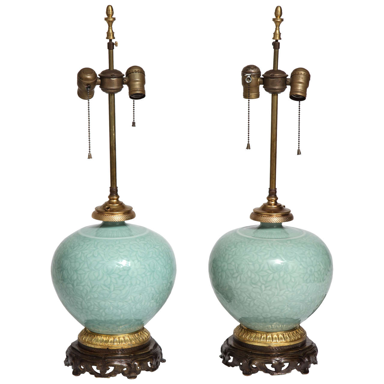 Pair of  Chinese Celadon Porcelain and Ormolu Mounted Vases as Lamps