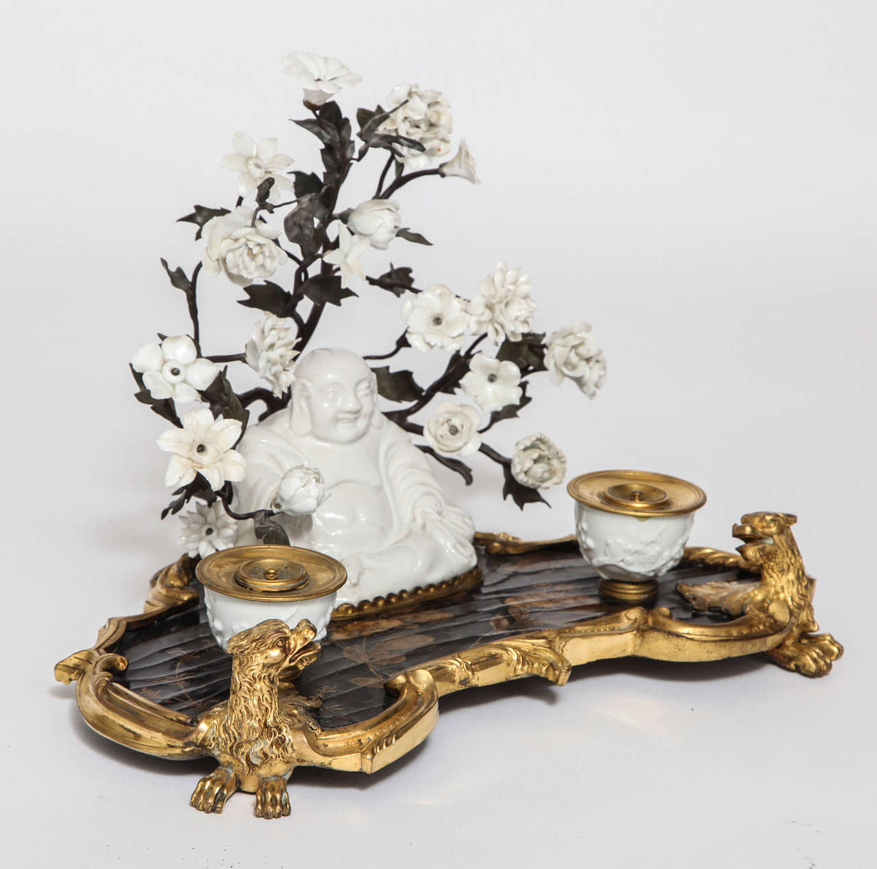 Chinoiserie Lacquer, Blanc de Chine Buddha and Ormolu Inkwell, 18th Century