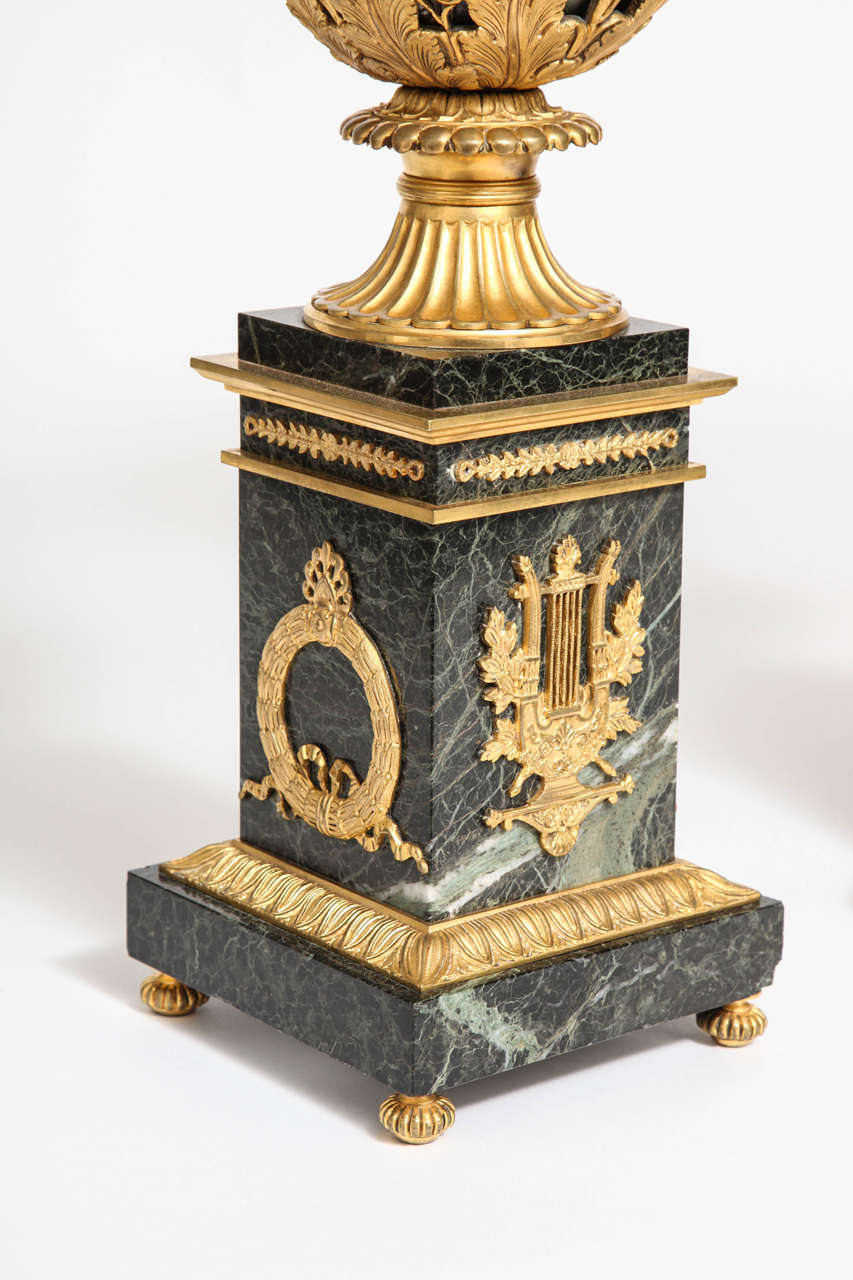 19th Century Pair of Antique French Neoclassical Verde Antico Marble and Ormolu-Mounted Urns For Sale