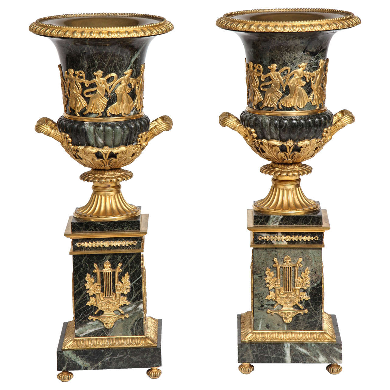 Pair of Antique French Neoclassical Verde Antico Marble and Ormolu-Mounted Urns For Sale