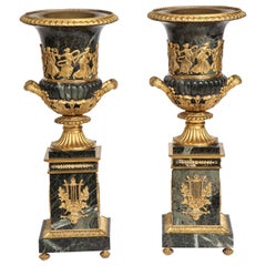 Pair of Antique French Neoclassical Verde Antico Marble and Ormolu-Mounted Urns
