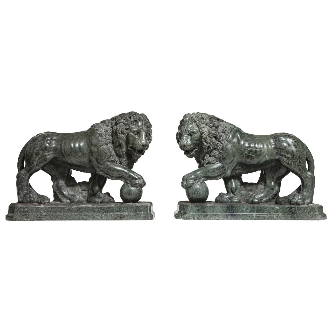 Pair of Large Verde Antico Marble Lions with Orbs by Pietro Simoni Da Barga