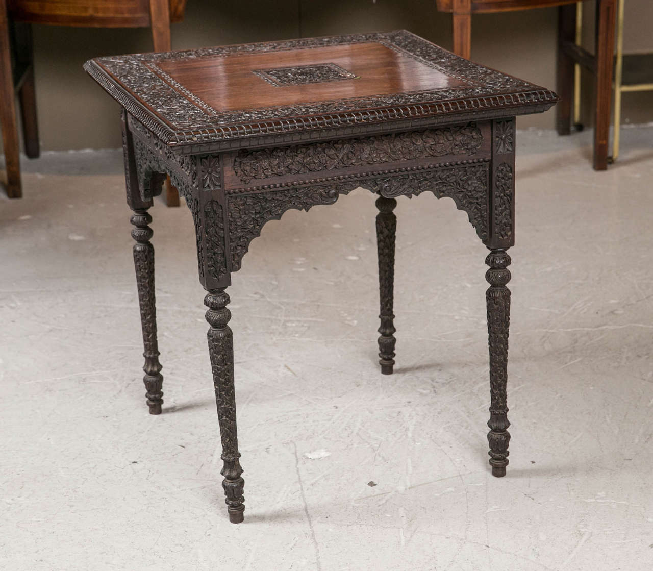 Highly detailed foliate carved rosewood  anglo Indian wood side table, great patina