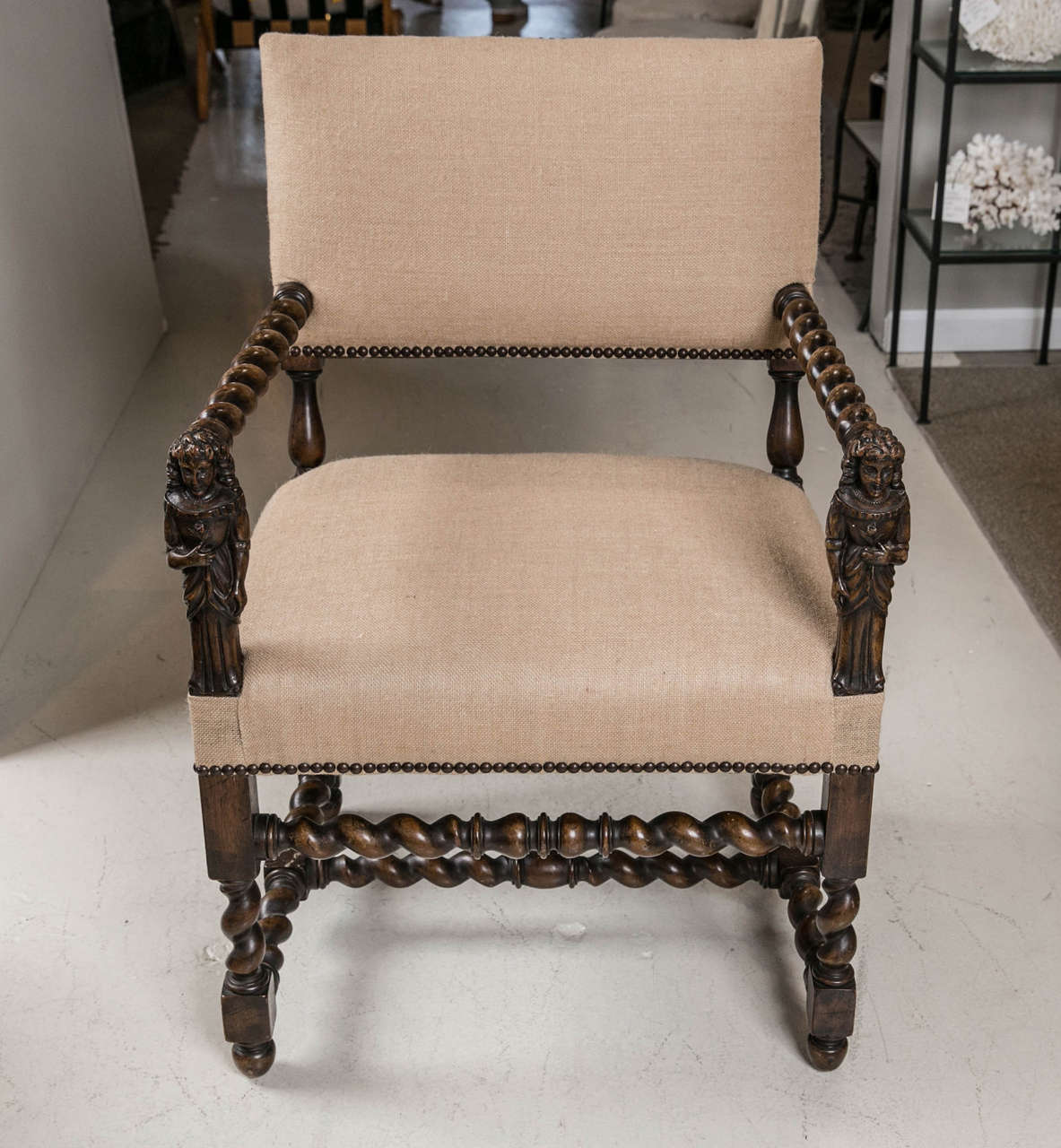 19th Century Italian Hand Carved Side Chair.  Newly upholstered in Burlap.