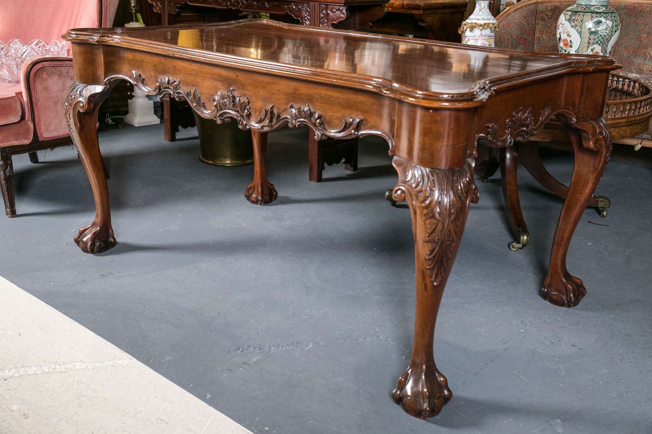 Antique Mahogany Library Hall Table with carved leaf detail and ball and claw feet