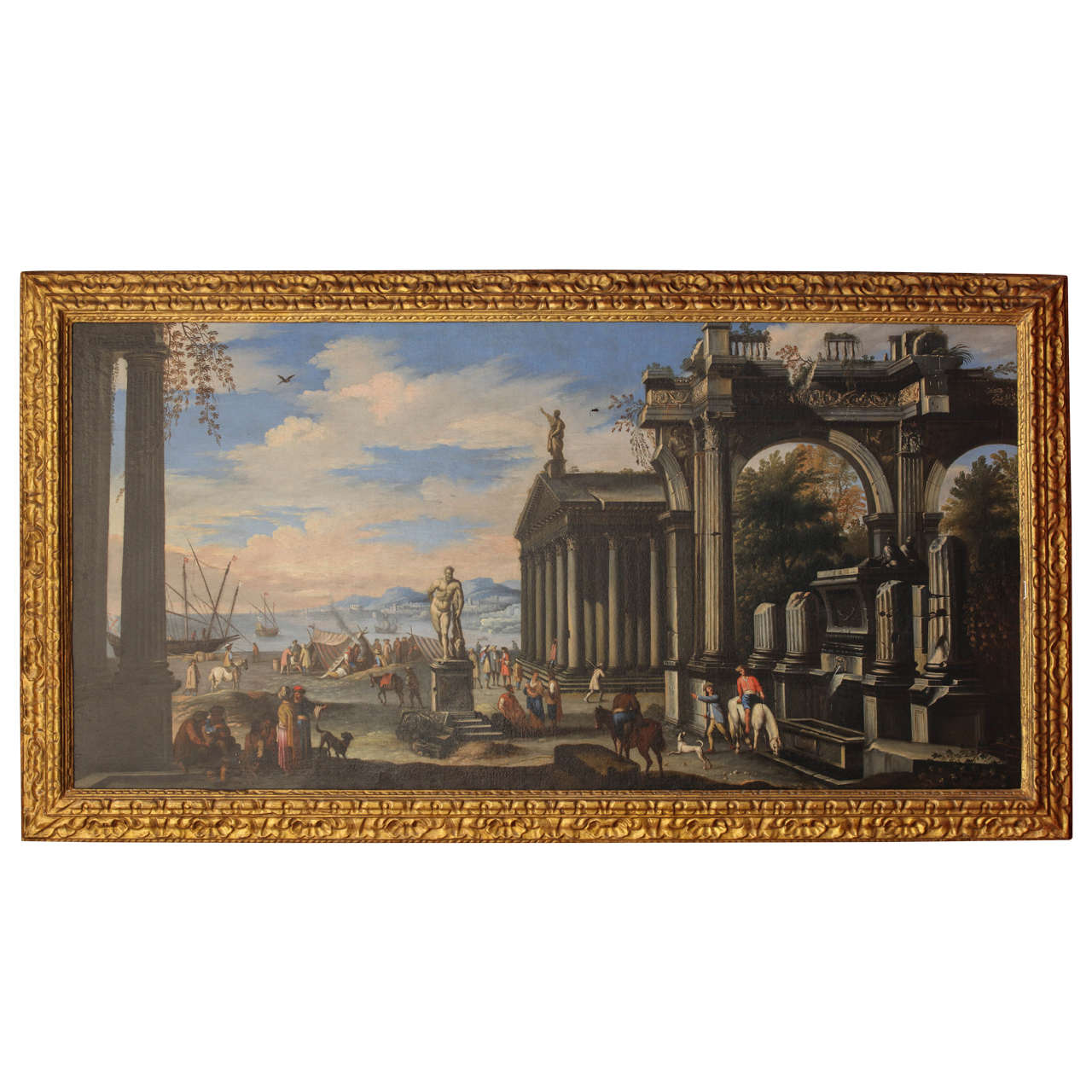 Capriccio of Mediterranean Port and Classical Architectural Ruins Oil on Canvas