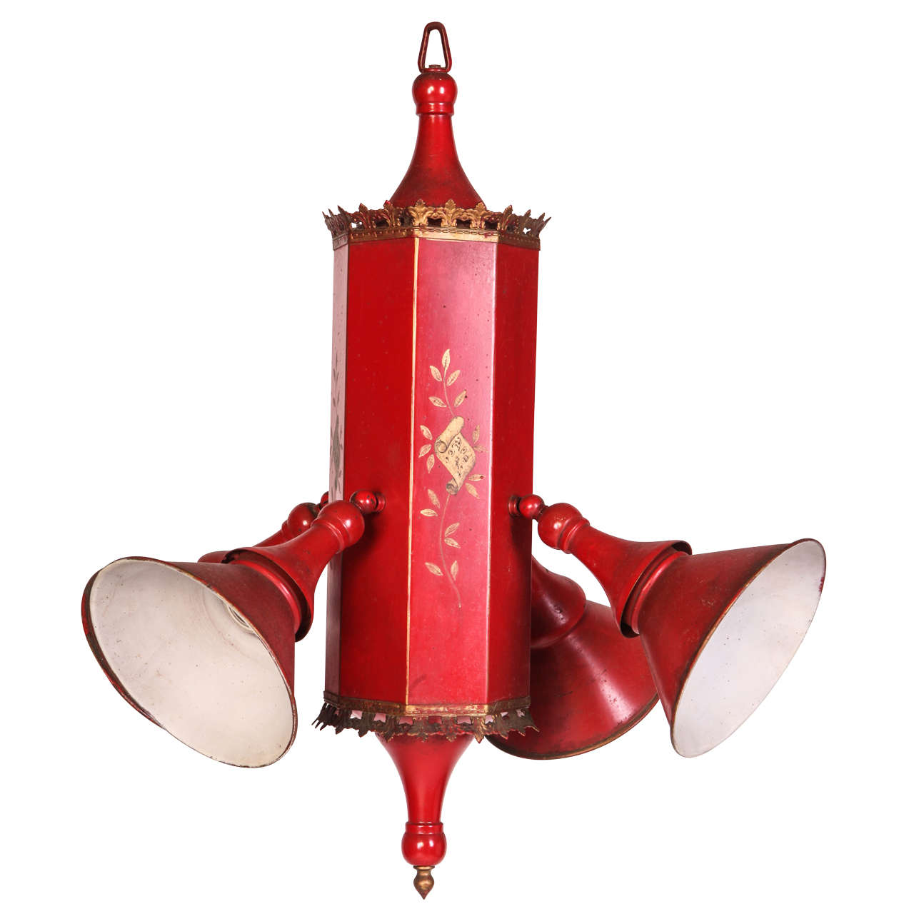 Red Painted and Gilt Metal Orientalist Pendant or Lantern, 1930