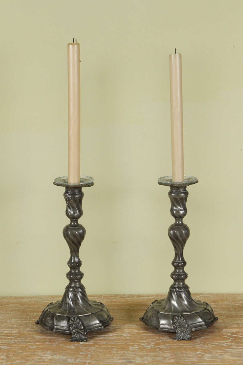 A Pair of French Pewter Candlesticks, c. 1740