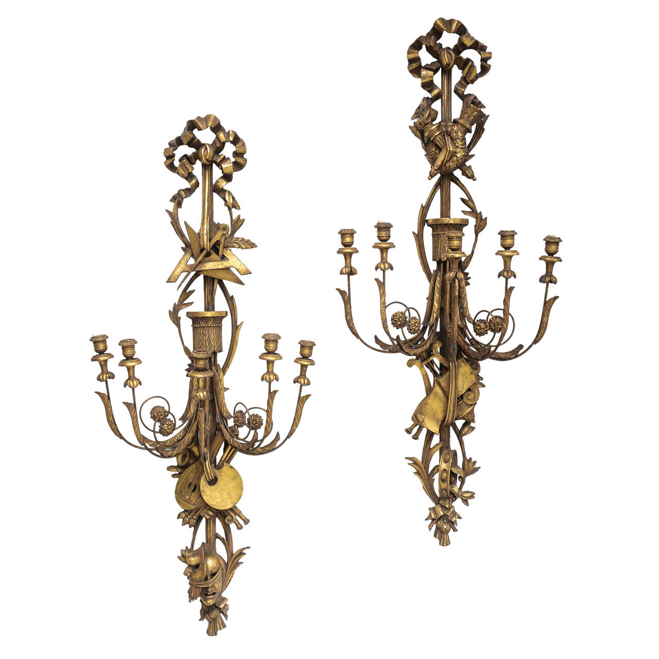 Spectacular Pair of Oversized Giltwood Sconces Ornately Carved with the Arts