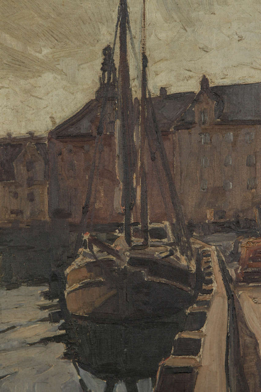 Swedish Signed Oil Painting of Harbor Scene