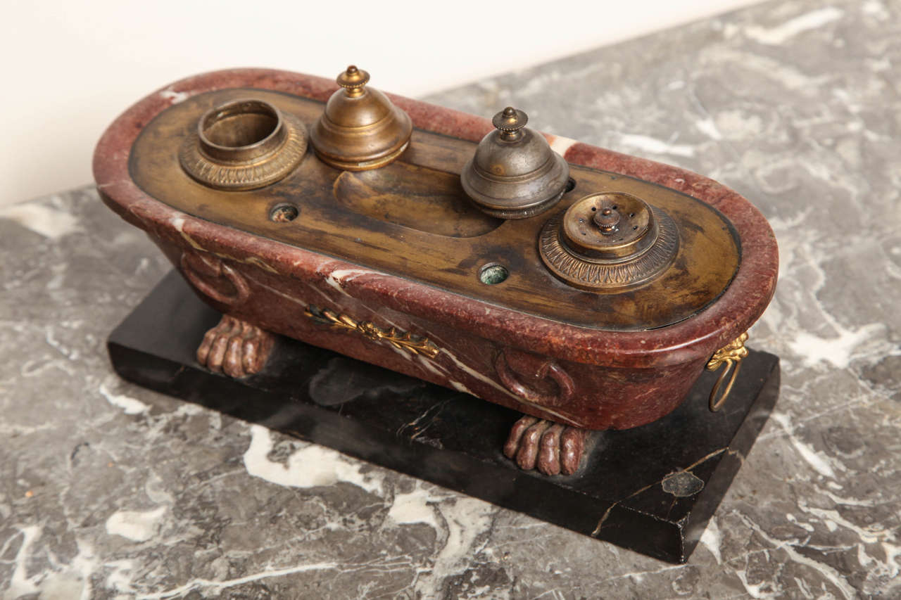 19th Century Roman Style Bath-Inkwell in Marble and Bronze 2