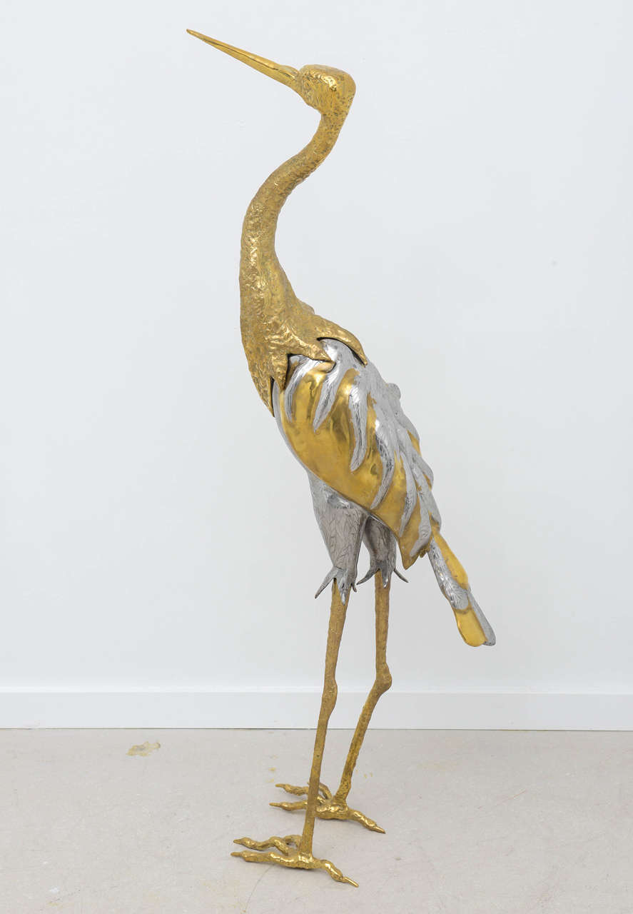 Mixed metal crane, egret sculpture signed Jacques Duvall-Brasseur.