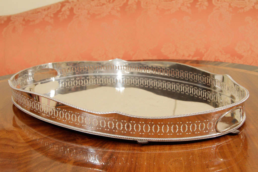 Silver plated oval tray with pierced gallery and handles 2