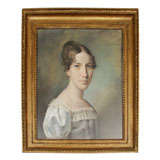 Signed, French gouache on paper of a young lady