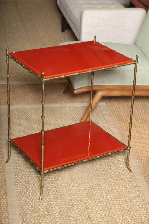 Brass Faux Bamboo Stand with Chinese Red Lacquered Shelves