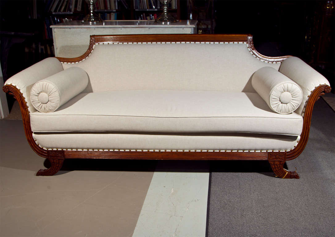Fabulous Duncan Phyfe style sofa with new linen upholstery and great detailing.