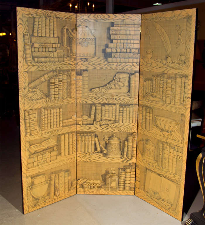 Fornasetti style three-panel folding screen with papier decoration. 

Each panel is 24