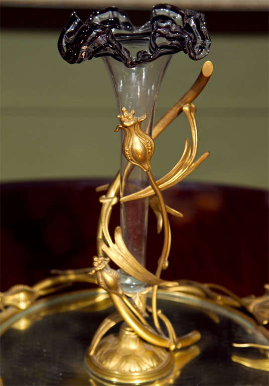 19th Century French Epergne Centerpiece Decorated Bronze Dore And Glass In Good Condition In Stamford, CT