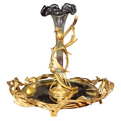 19th Century French Epergne Centerpiece Decorated Bronze Dore And Glass