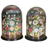 A pair of  sea Shell Baskets of Flowers beneath Glass Domes
