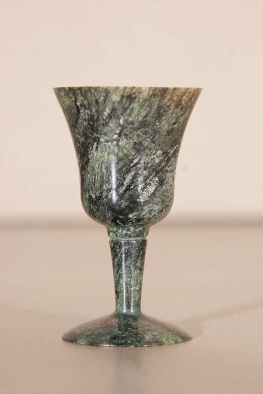Pair of green Jade miniature goblets, carved from one piece.