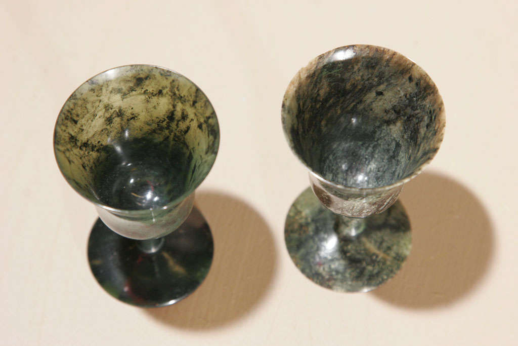 Chinese Pair of green Jade miniature goblets