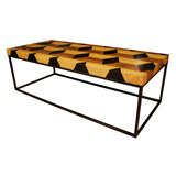 Coffee Table with a Geometric Inlaid Wooden Top on Metal Base